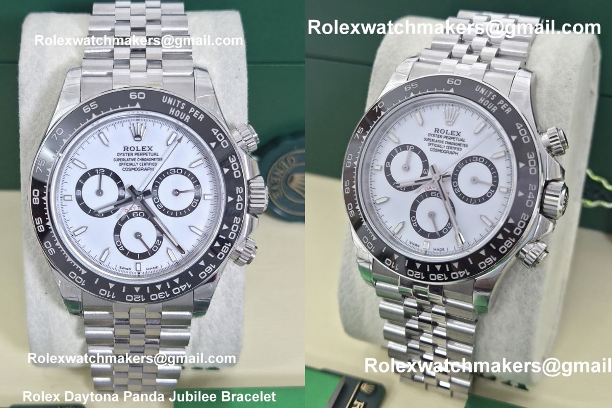 Rolex Daytona Panda super clone watch with black ceramic bezel highlighting their Jubilee bracelets made by RX factory