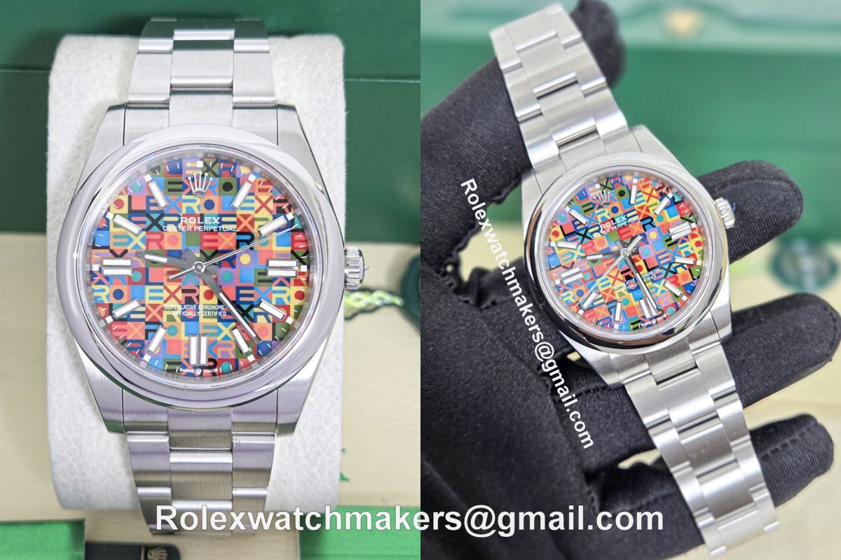 Rolex Oyster Perpetual multicoloured jubilee motif dial super clone watch made by RX factory